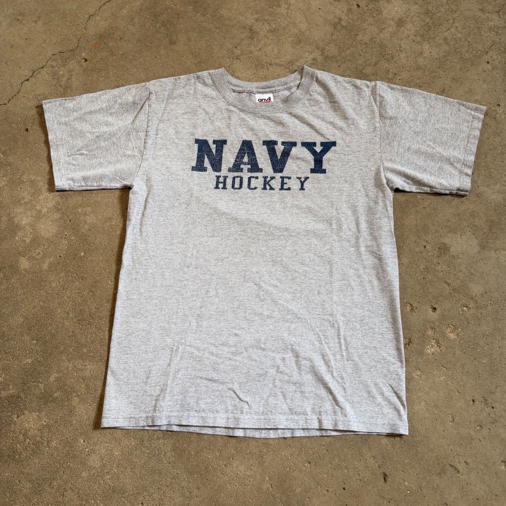 Vintage Anvil Navy Hockey T-Shirt Men M Gray Graphic Short Sleeve Cotton Blend